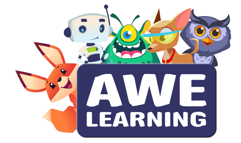 Five colorful cartoon characters—a fox, robot, green monster, dog, and owl—stand behind a large blue sign that says AWE LEARNING in bold white letters.