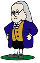 Cartoon illustration of a man with long gray hair, glasses, and colonial-era clothing, including a blue coat, yellow vest, white shirt with a ruffled collar, black shorts, and black shoes, standing on green ground.