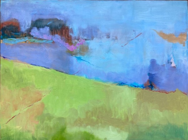 Abstract painting with a diagonal divide: the bottom left features soft green hues, while the top right is filled with blue and purple tones, textured with hints of orange and pink. The scene resembles an abstract landscape.