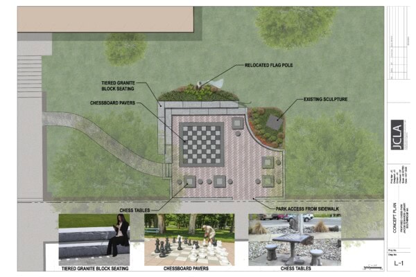 A landscape design plan showing a central chessboard plaza with chess tables, tiered granite block seating, pavers, a relocated flagpole, existing sculpture, and park access. Inset images show seating and outdoor chess setups.