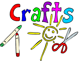 Colorful word Crafts with vibrant letters, a smiley sun, a green and a red crayon, and a pair of gray scissors with red handles, all drawn in a playful, cartoonish style.
