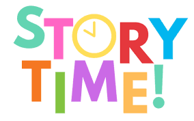 Colorful text reads Story Time! with O in Story resembling a clock face. The letters are in bright, playful colors on a white background.