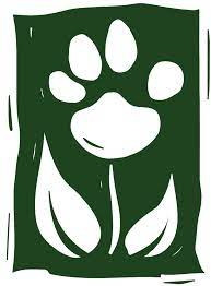 A green and white graphic featuring a stylized paw print at the top, with two leaf shapes below, forming the image of a flower.