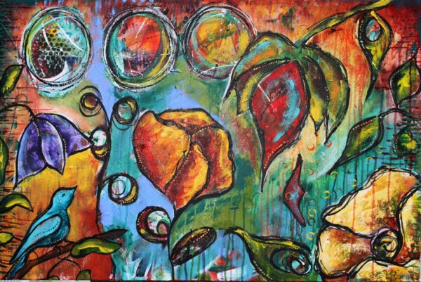 Colorful abstract painting with vibrant flowers, leaves, circular patterns, and a blue bird. Swirling lines and drips of paint create movement against a multicolored background with shades of orange, green, blue, and red.