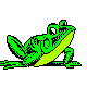 Animated green frog leaping forward with its back legs extended and front legs outstretched, against a plain white background.