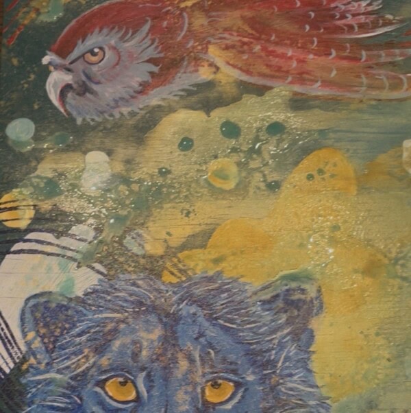 A painting of a blue animal with yellow eyes at the bottom and a red bird with an open beak flying above, set against an abstract background of green, yellow, and white swirls and bubbles.