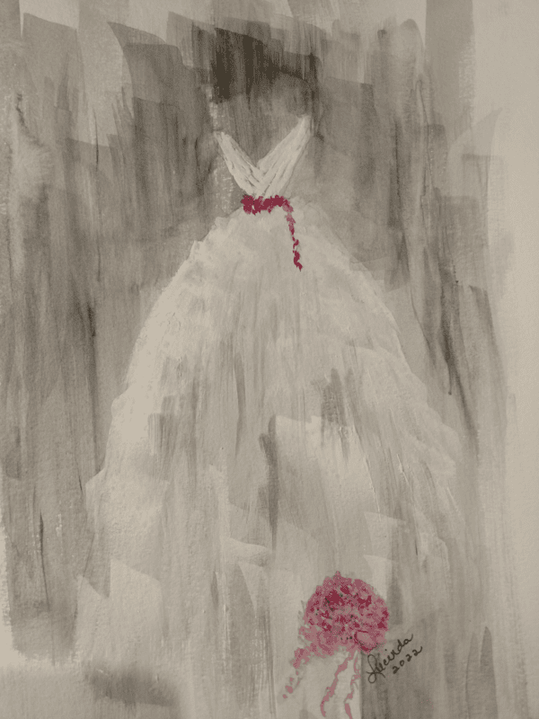 A monochrome painting of a bridal gown with a white, flowing skirt and a pink necklace, alongside a pink bouquet at the bottom right, signed Lindee 2022. The background is abstract with brushstrokes of gray and white.