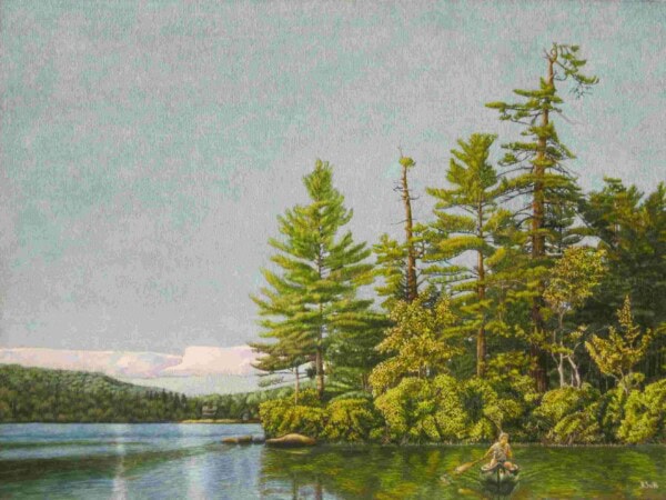 A person in a small canoe paddles near the edge of a calm lake surrounded by dense green pine trees, with distant mountains and a clear sky in the background.