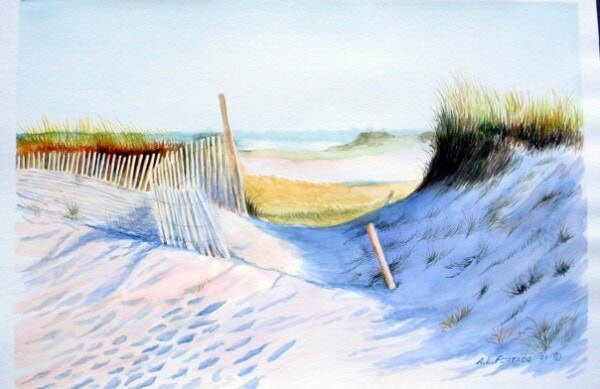 A watercolor painting of a sandy beach path bordered by tall grass and a weathered wooden fence, leading toward dunes and the sea under a pale blue sky. Shadows and gentle light highlight the serene coastal scene.