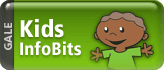Green rectangular button with the text Kids InfoBits and GALE on the left. On the right, there is a cartoon child with brown skin, short hair, and a big smile, extending both arms outward.