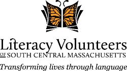 Logo for Literacy Volunteers of South Central Massachusetts featuring an open book with orange butterfly wings and the tagline Transforming lives through language.