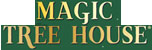 Logo for Magic Tree House with gold and yellow text on a green background.