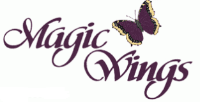 The words Magic Wings are written in elegant, dark purple script, with a purple butterfly perched above the letter i in Wings.