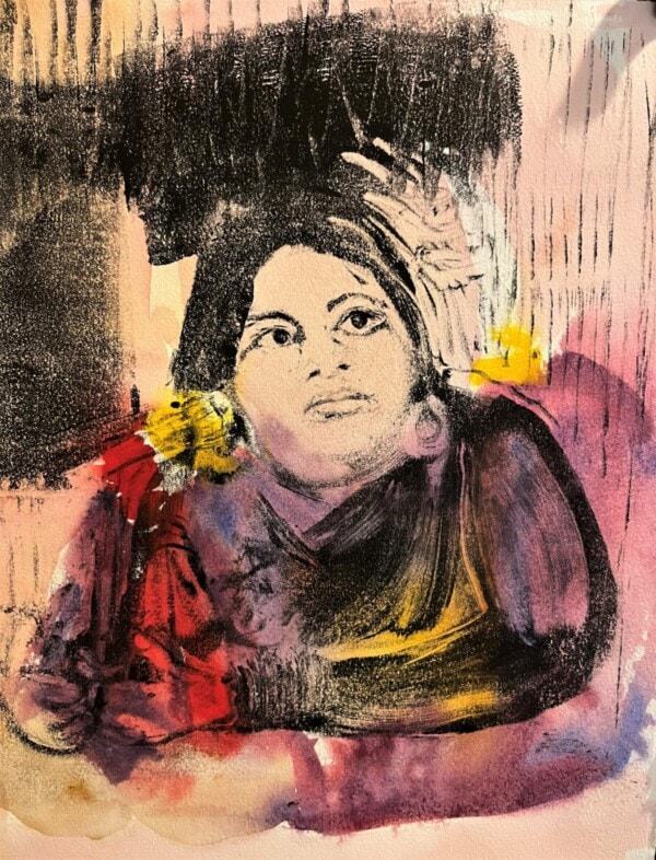 A painted portrait of a woman with dark hair and expressive eyes, wearing a red and yellow garment. The background is abstract with textured black, pink, and purple brushstrokes. The womans pose is contemplative.