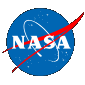 The NASA logo features white letters NASA over a blue circle with white stars, a red swoosh, and a white orbital path.