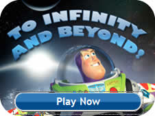Buzz Lightyear smiles in his spacesuit with the phrase To Infinity and Beyond! above him on a starry background. A blue Play Now button is at the bottom of the image.