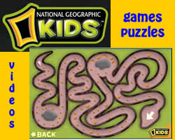 Screenshot of the National Geographic Kids website showing a section for games, puzzles, and videos, with a maze game displayed in the center of the screen.