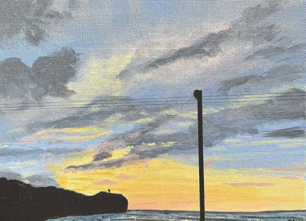 A painted scene of a sunset sky with clouds, a dark pole in the foreground, an ocean below, and a silhouette of two people sitting on a cliff at the left side of the image.