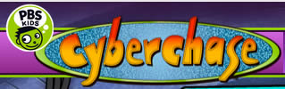The PBS Kids logo and the Cyberchase title are shown in colorful, stylized letters on a blue and green background.