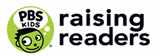 PBS KIDS Raising Readers logo featuring a green cartoon character’s face in a circle next to the words PBS KIDS raising readers in bold black lettering.