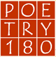 A grid of nine red squares with white letters spelling POETRY 180, arranged vertically and horizontally across the squares.