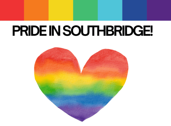 A rainbow heart beneath the text PRIDE IN SOUTHBRIDGE! with horizontal rainbow-colored bars at the top of the image.