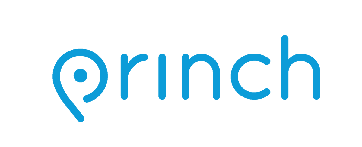 Blue princh logo in a rounded, modern font on a light gray background; the p has a unique design resembling a map location pin.