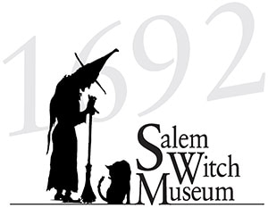 Silhouette of a witch with a pointed hat and broom standing next to a cat, with 1692 in large numbers and Salem Witch Museum written beside and below the figures.