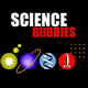 Logo for Science Buddies with the words in bold white and red text above icons of a sun, planet with a ring, DNA strand, rocket, and a grid of yellow dots on a black background.
