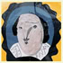 Abstract painting of a person with a pale oval face, dark hair, and white ruffled collar against a yellow background. The facial features are depicted with bold, simple lines.