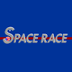 The words Space Race are written in silver letters on a blue background, with a red horizontal line passing through the text. The S has a NASA logo design inside it.