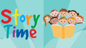Colorful text reads Story Time next to an illustration of six smiling children gathered around a large open book, all appearing happy and excited.