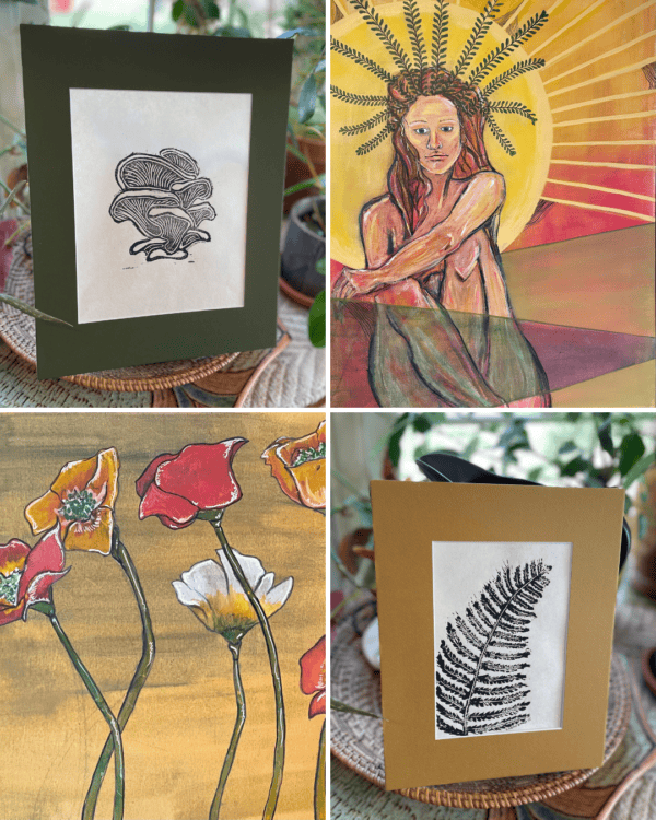 A collage of four images: two greeting cards with black ink botanical prints, a painting of a woman with a sunburst halo and foliage, and a floral painting with red, white, and yellow flowers on a golden background.