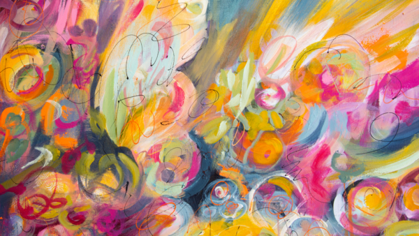 Colorful abstract painting with swirling patterns and brushstrokes in pink, yellow, orange, green, and blue tones, featuring energetic curved lines and bursts of vibrant color throughout the composition.
