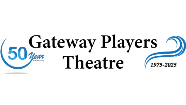 Logo for Gateway Players Theatre featuring the text 50 Year Anniversary and 1975-2025 with blue swirl designs, marking the theatres 50th anniversary.