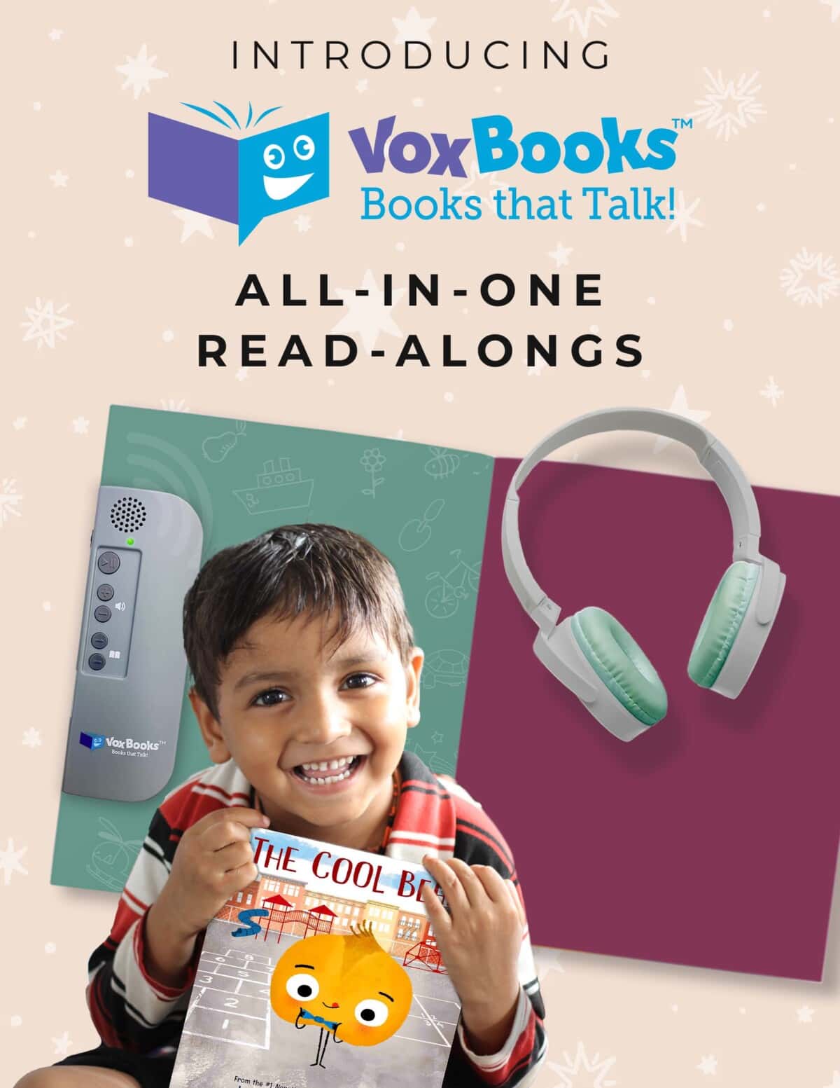 A smiling young boy holds a book titled The Cool Bean. Above him are images of headphones and a VoxBooks audio device, with the text “Introducing VoxBooks: Books that Talk! All-In-One Read-Alongs.”.