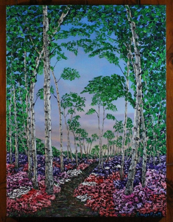 A colorful painting of a forest with tall, slender trees and vibrant green leaves. The forest floor is covered in bright purple, pink, and red flowers, and a winding path leads through the center under a blue sky.