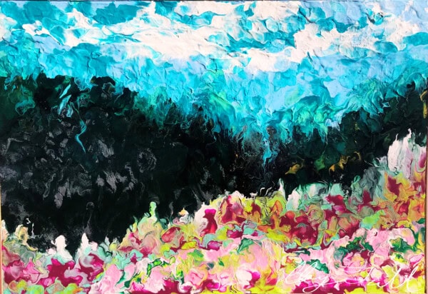 Abstract painting with bold strokes of blue and white at the top, blending into dark green and black in the center, and vibrant pink, yellow, and green at the bottom, resembling an expressive nature scene.