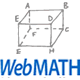 A wireframe drawing of a rectangular prism labeled with points A, B, C, D, E, F, G, and H, above the word WebMATH in blue text.
