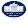 The image shows the official White House logo: an illustration of the White House in white on a blue oval background, with the words The White House Washington below the illustration.